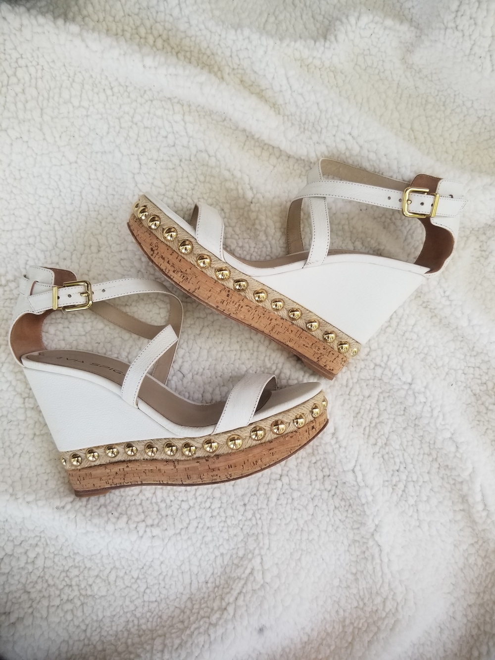 Via Spiga White Wedge Sandals with Gold Stud Trim